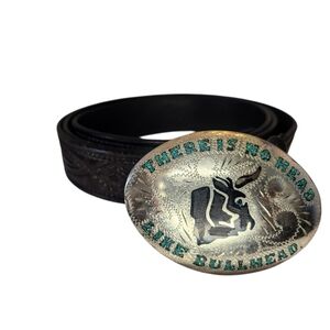 Santa Fe Leather Co BELTS BLACK "THERE IS NO HEAD LIKE Bullhead"  BUCKLE MAN  54
